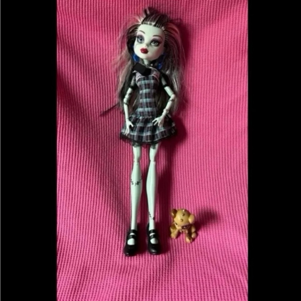 Monster High Frankie Stein doll  2008 + Watzit Dog dress hands earring clothes